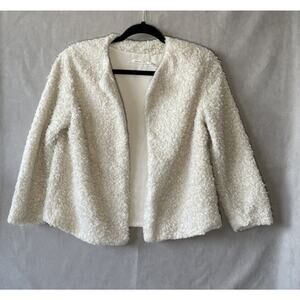 Poetry Faux Shearling Cropped Open Jacket with 3/4 Sleeves Size L Ivory